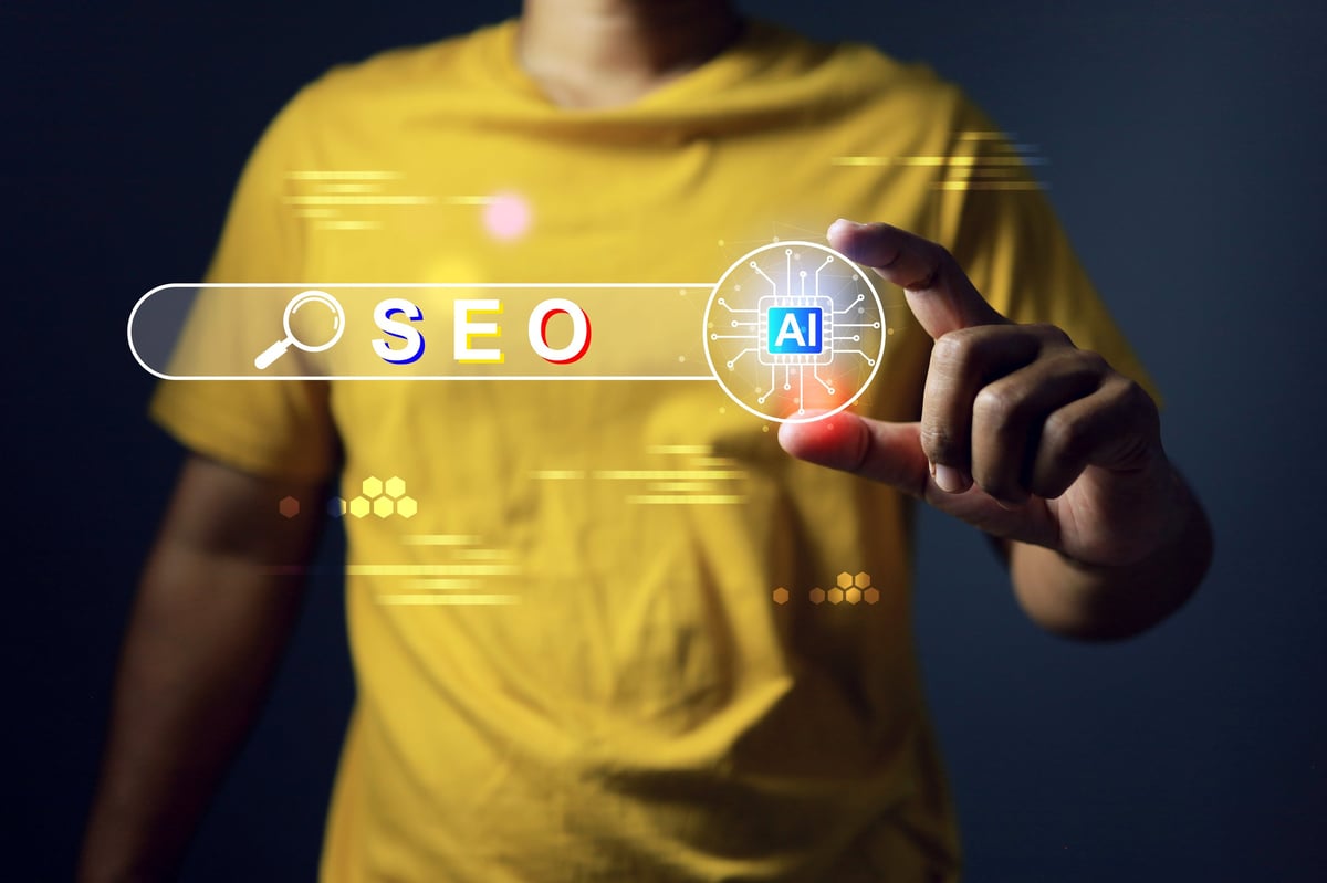 AI SEO concept with a man holding search engine optimization bar which cooperates by artificial intelligence