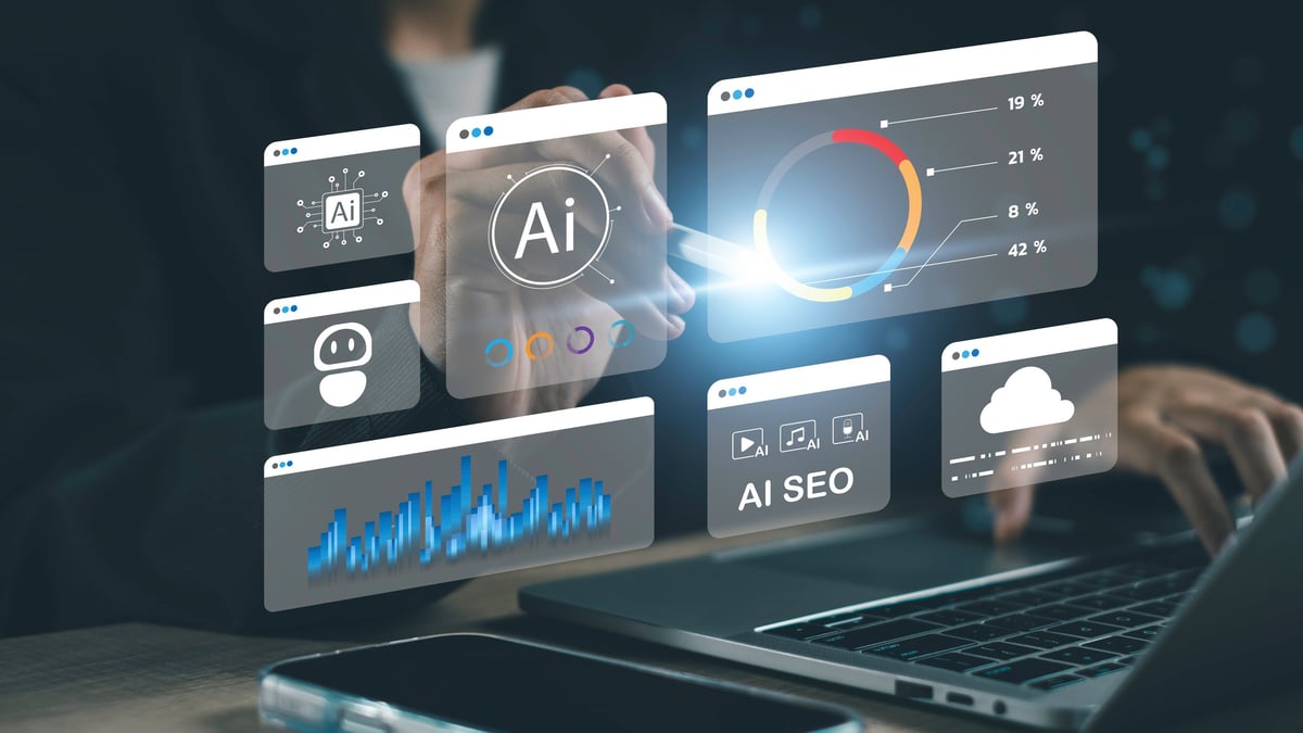 Artificial intelligence dashboard with SEO tools, robot icon, KPI analytics, and data charts displayed over laptop use