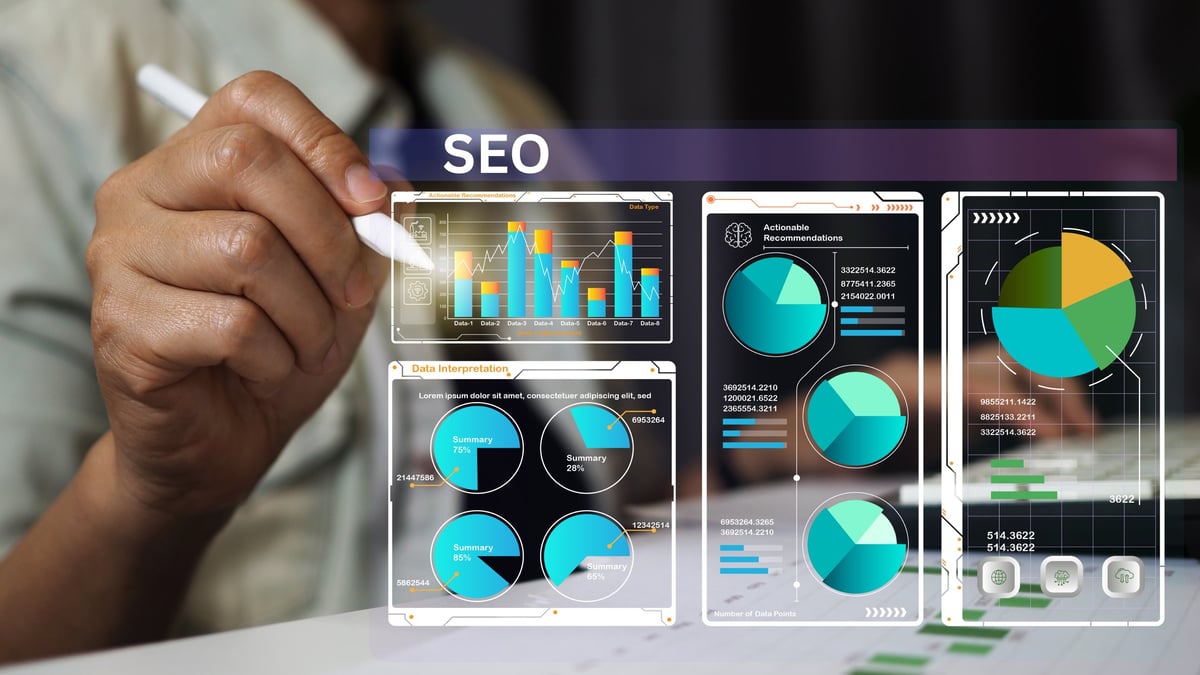 SEO specialist analyzing search engine optimization dashboard with performance charts, data analytics and keyword ranking metrics, digital marketing strategy and website traffic growth concept.