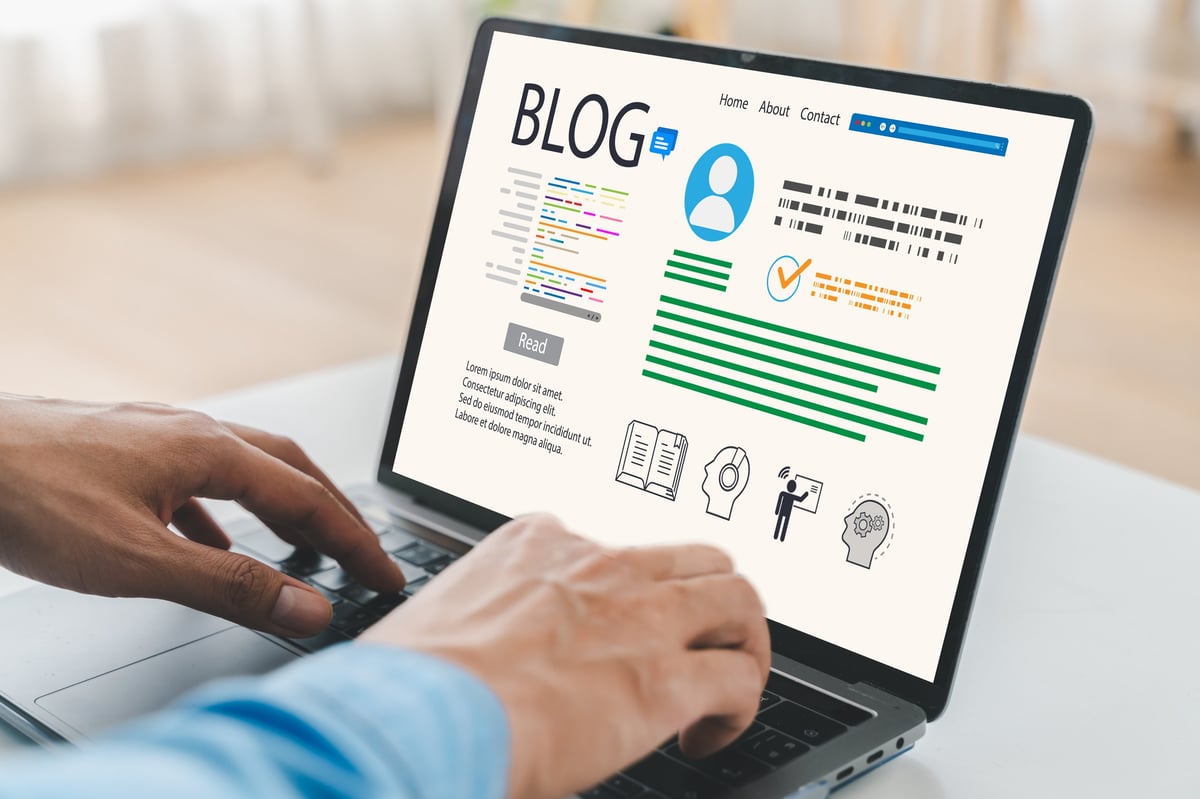 Professional content creator typing on laptop writing blog, social media online content, Digital marketing specialist creating digital content for online knowledge sharing, Web blogging and SEO