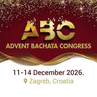 Advent Bachata Congress poster with gold lettering on burgundy background, dated December 11-14 2026 in Zagreb, Croatia