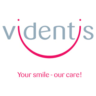Videntis dental logo with stylized smile curve, tagline Your smile - our care!