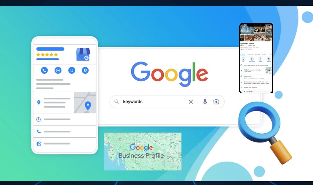 Google search interface with business profile display, mobile phone, maps location, and magnifying glass icon on turquoise background