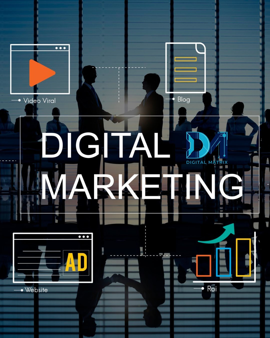 Digital marketing concept with silhouettes of business professionals and icons for video, blog, website, and ROI analytics displayed on a modern office building background