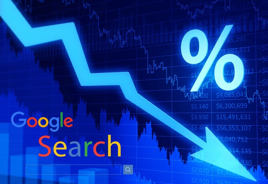 Google Search logo with downward trending arrow and percentage symbol on blue financial stock chart background