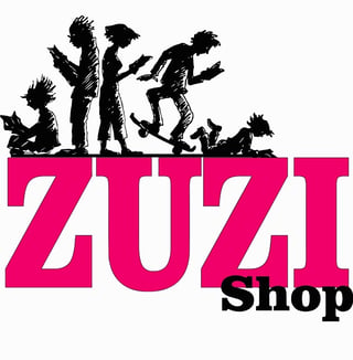 Zuzi Shop logo featuring silhouettes of children in playful poses above pink and white text