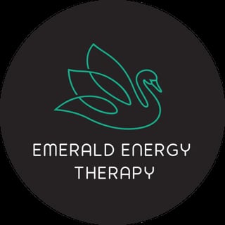 Emerald Energy Therapy logo with turquoise line-drawn swan and white text on dark circular background